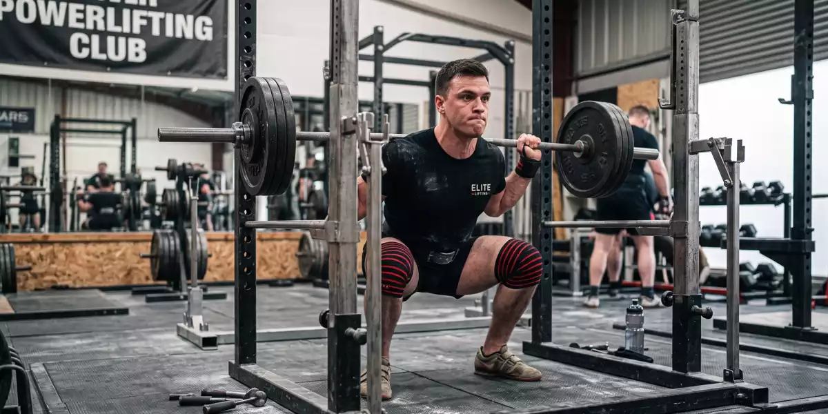 atleta che esegue squat con fasce per le ginocchia