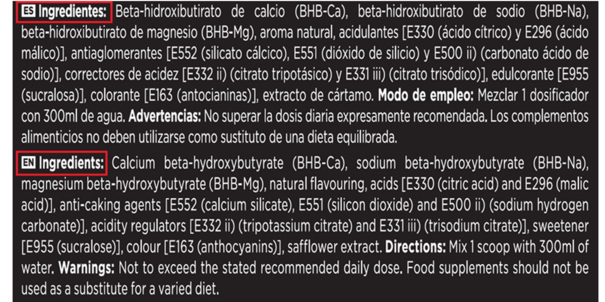 Lista de ingredientes de KetoBHB de HSN