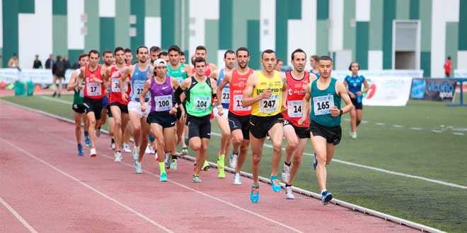 Gruppe von Langstreckenläufern startet ein Rennen auf der Leichtathletikbahn im Stadion.