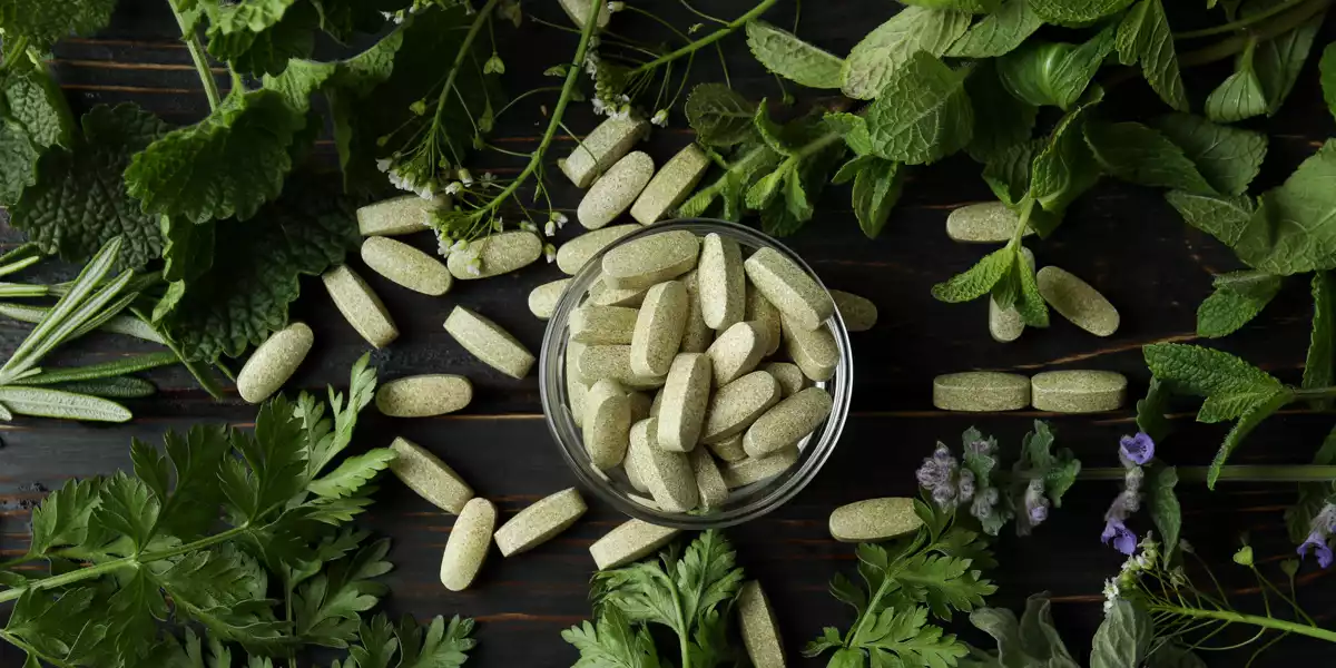 Vegane Tabletten eines Kräuterextrakt-Nahrungsergänzungsmittels Vegane Tabletten eines Kräuterextrakt-Nahrungsergänzungsmittels