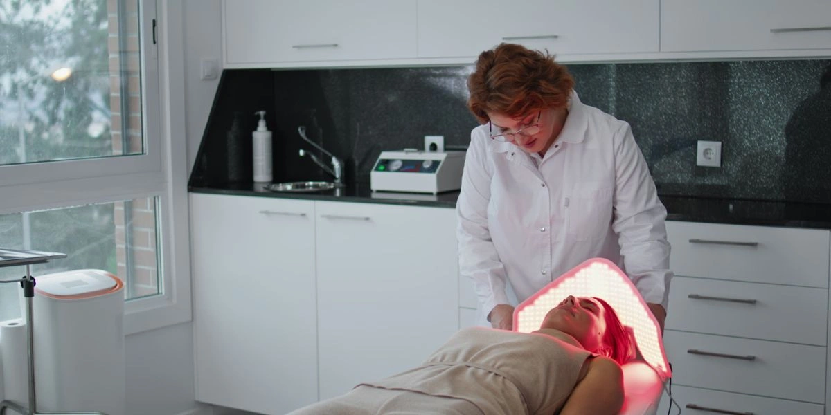 Mujer recibe una sesión de terapia de luz roja en clínica