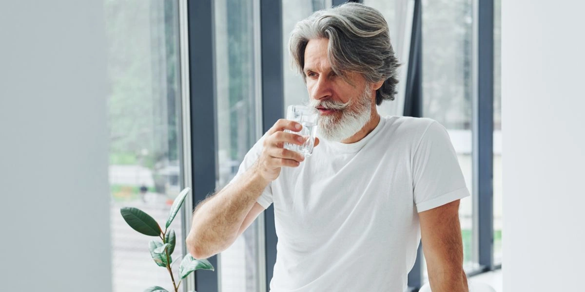 Senior tomando un vaso de agua 