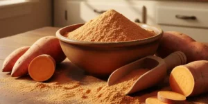 Harina de boniato en mesa de cocina