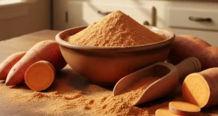 Harina de boniato en mesa de cocina