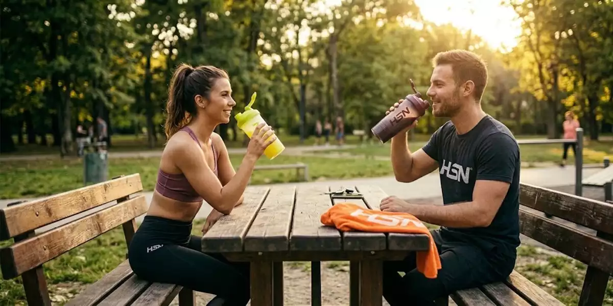 Pareja de deportistas tomando su batido post-entreno sentados en el parque