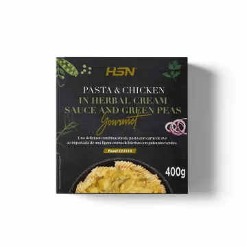 PLATO PREPARADO ESTILO GOURMET PASTA CON POLLO EN SALSA DE CREMA DE HIERBAS Y GUISANTES VERDES - 400