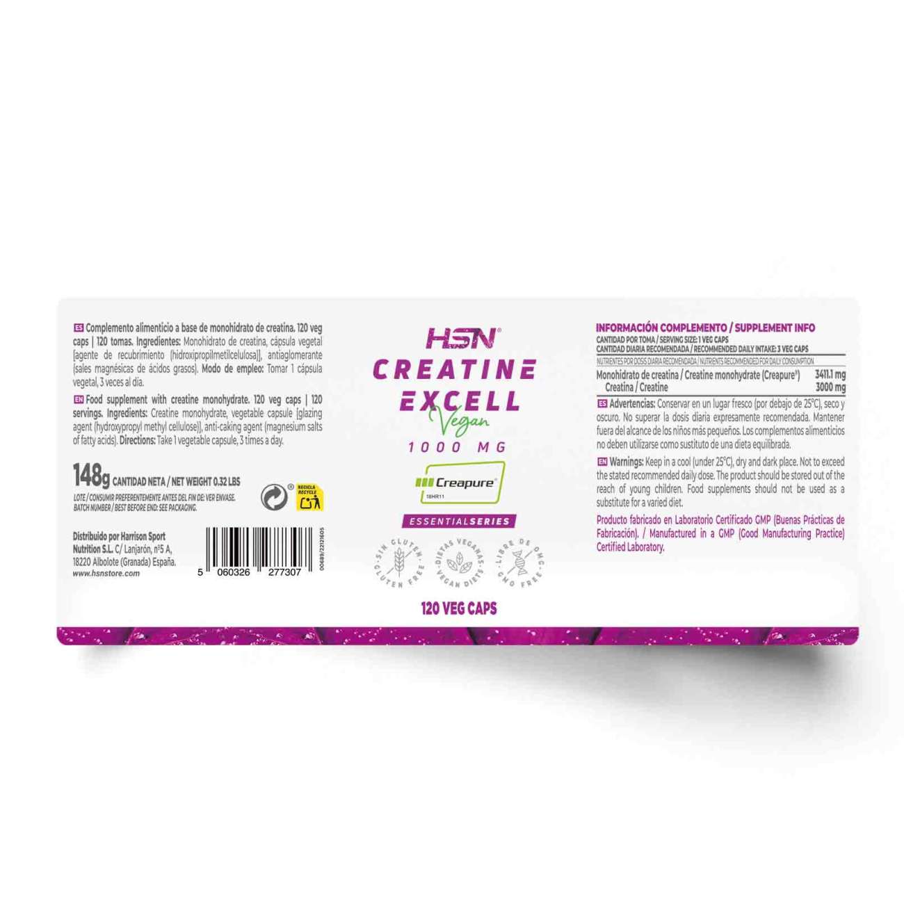 Creatina Excell 1000mg (100% Creapure®) - 120 veg caps, foto 2